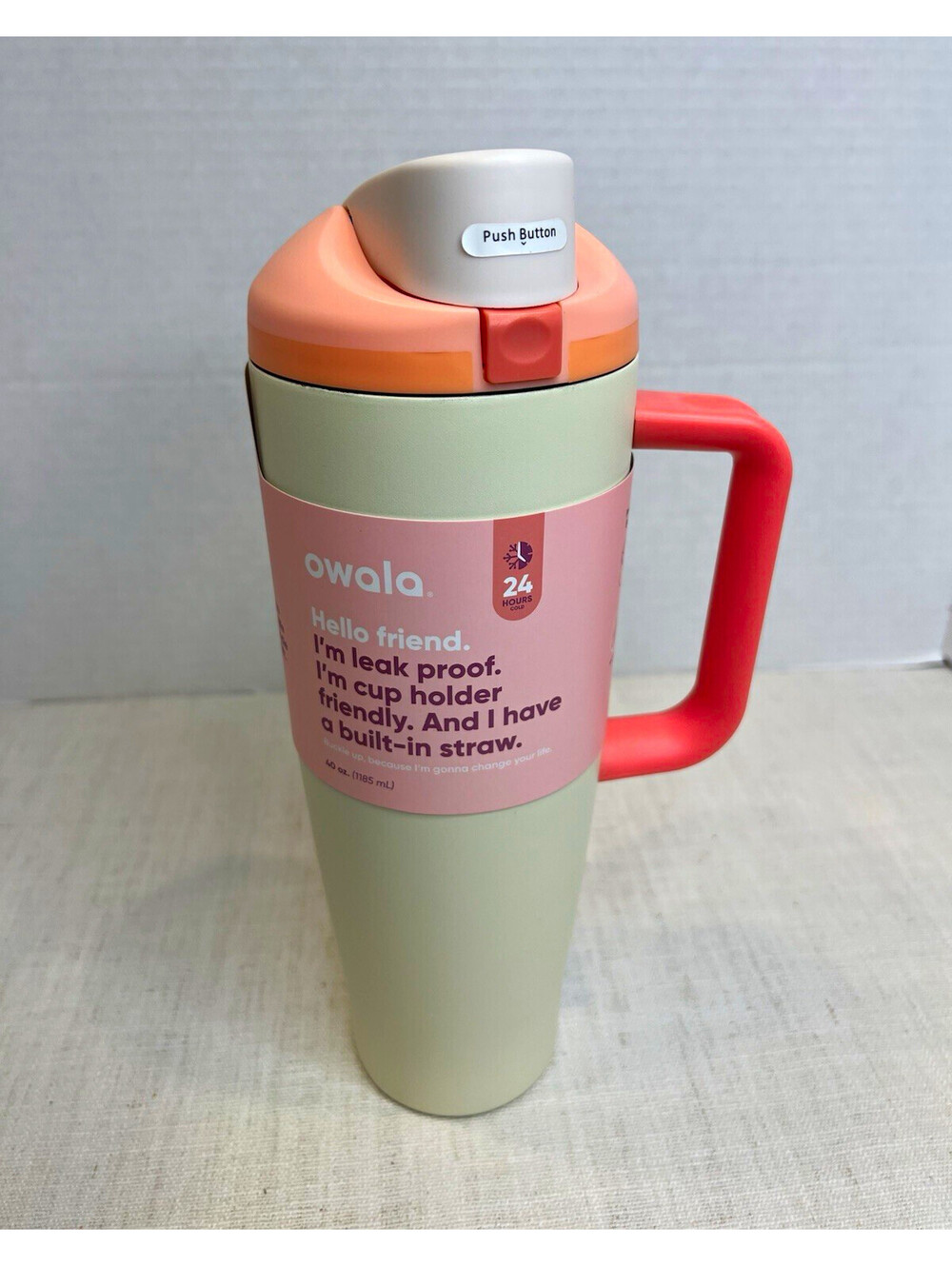 Owala 40 oz Insulated Travel Tumbler w/ Handle Push Button Lid Straw Pink/Cream